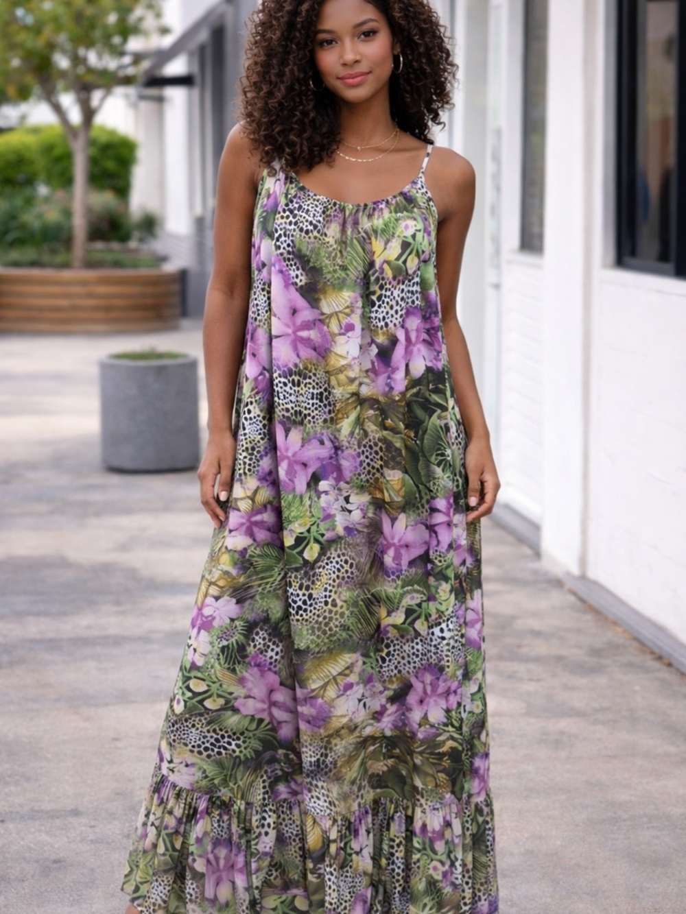 Tropical Lavender & Green Floral Maxi Dress
